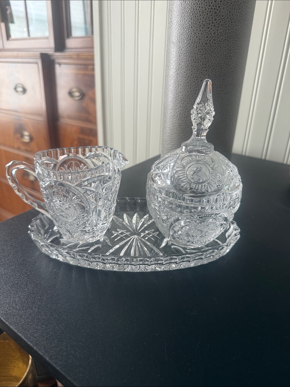 Cut crystal Creamer and Covered Sugar Set on Oval Tray - Clear Crystal